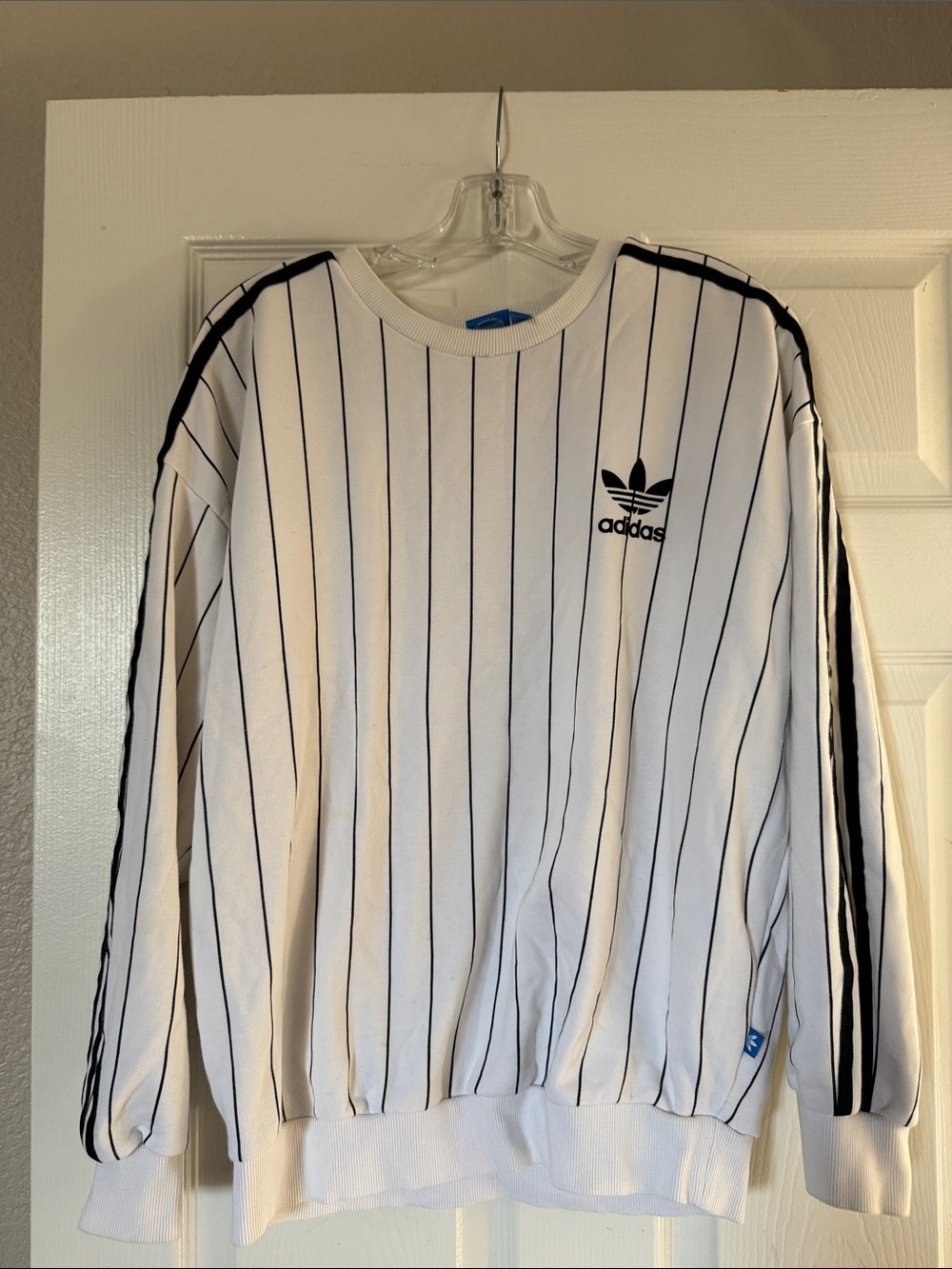 adidas White Crewneck Sweater with Black Pinstripes